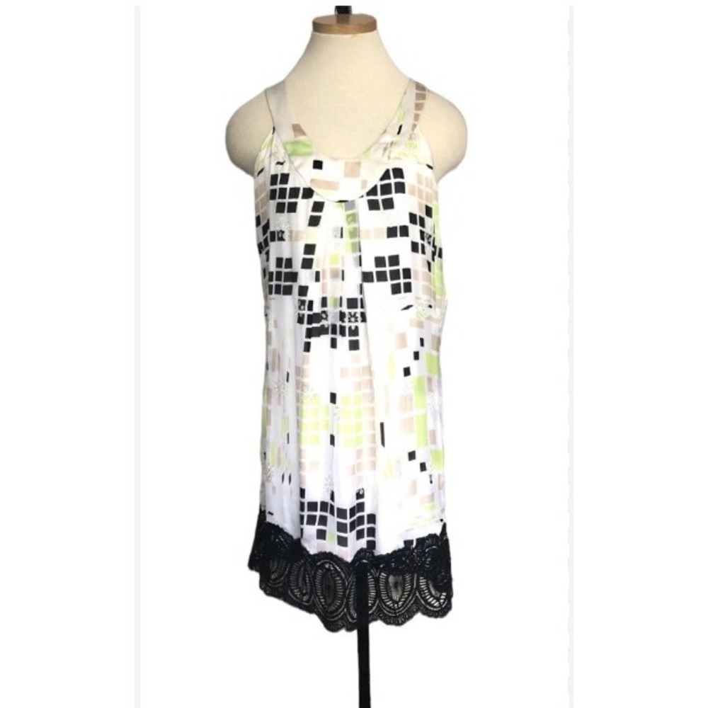 Women's Poleci Silk Tank Dress Sleeveless Lace Trim Square Pattern Dressy Size 8